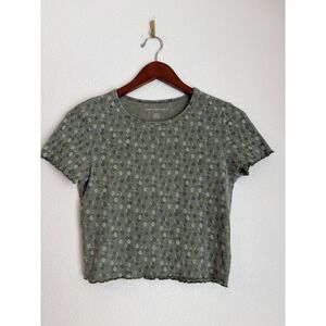American Eagle Floral Waffle Knit Baby Tee Sage Green Lettuce Edge Crop Top M